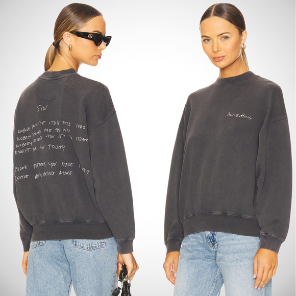 NEW Anine Bing 'Jaci' Sweatshirt w/ Sin Lyrics | Washed Black | size Small - Picture 1 of 10